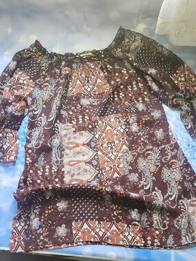 Charlotte Russe Patchwork Paisley Off-Shoulder Tunic - Brown Cream Rust